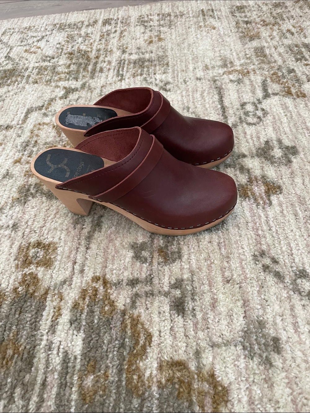Women's Burgundy Leather Clog Heels cape clogs